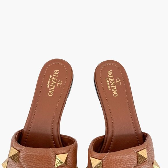 Valentino Roman Stud Brown Rockstud Slide Sandals Flats Size 37.5 US 7.5 Women's - Picture 6 of 15